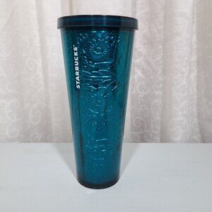 Starbucks 2017 Cold Cup Embossed Floral Foil Teal Blue Tumbler Venti 24 Metallic